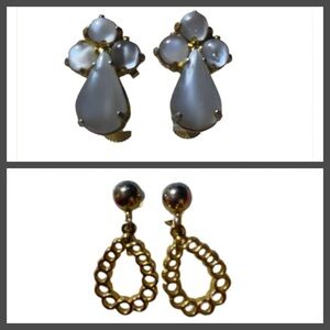 Vintage 50’s Lot of 2 Screw on Back Earrings Hanging Goldtone Mother of Pearl